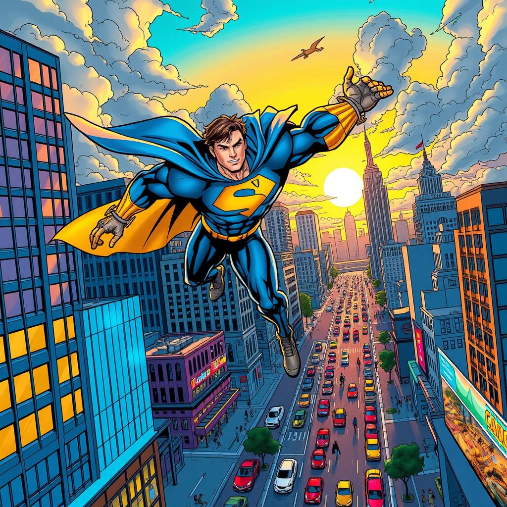 A vibrant, action-packed comic book scene featuring a superhero soaring through a city skyline during sunset