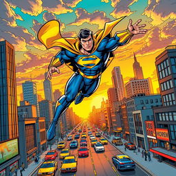 A vibrant, action-packed comic book scene featuring a superhero soaring through a city skyline during sunset