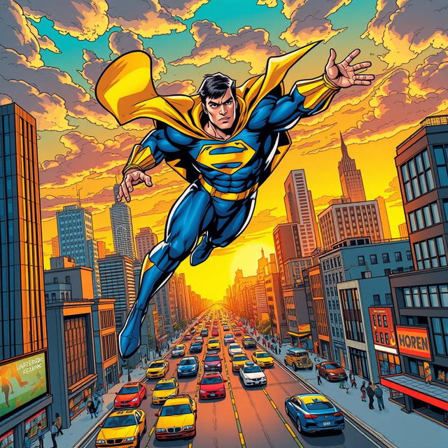 A vibrant, action-packed comic book scene featuring a superhero soaring through a city skyline during sunset