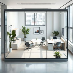 A collaborative office space designed for three people, measuring 30 square meters