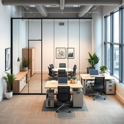A precisely designed collaborative office space for three individuals, accurately measuring 30 square meters