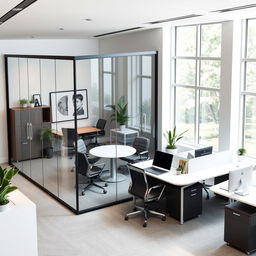 A precisely designed collaborative office space for three individuals, accurately measuring 30 square meters