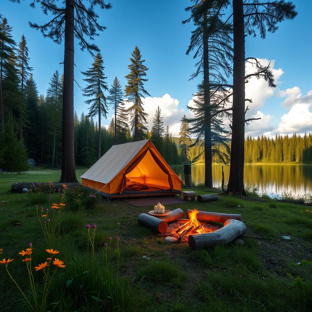 A serene campsite nestled in a lush green forest