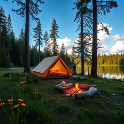 A serene campsite nestled in a lush green forest