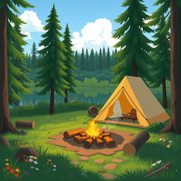 A serene campsite nestled in a lush green forest