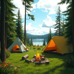 A serene campsite nestled in a lush green forest