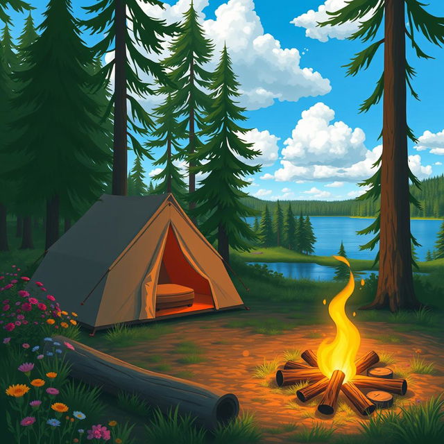 A serene campsite nestled in a lush green forest