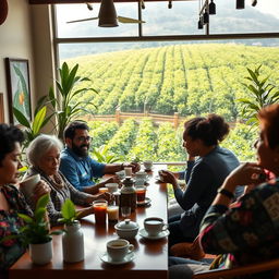 A vibrant and hopeful scene showcasing a modern café in Huila, Colombia, bustling with life