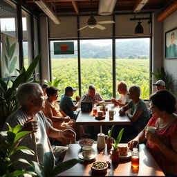 A vibrant and hopeful scene showcasing a modern café in Huila, Colombia, bustling with life