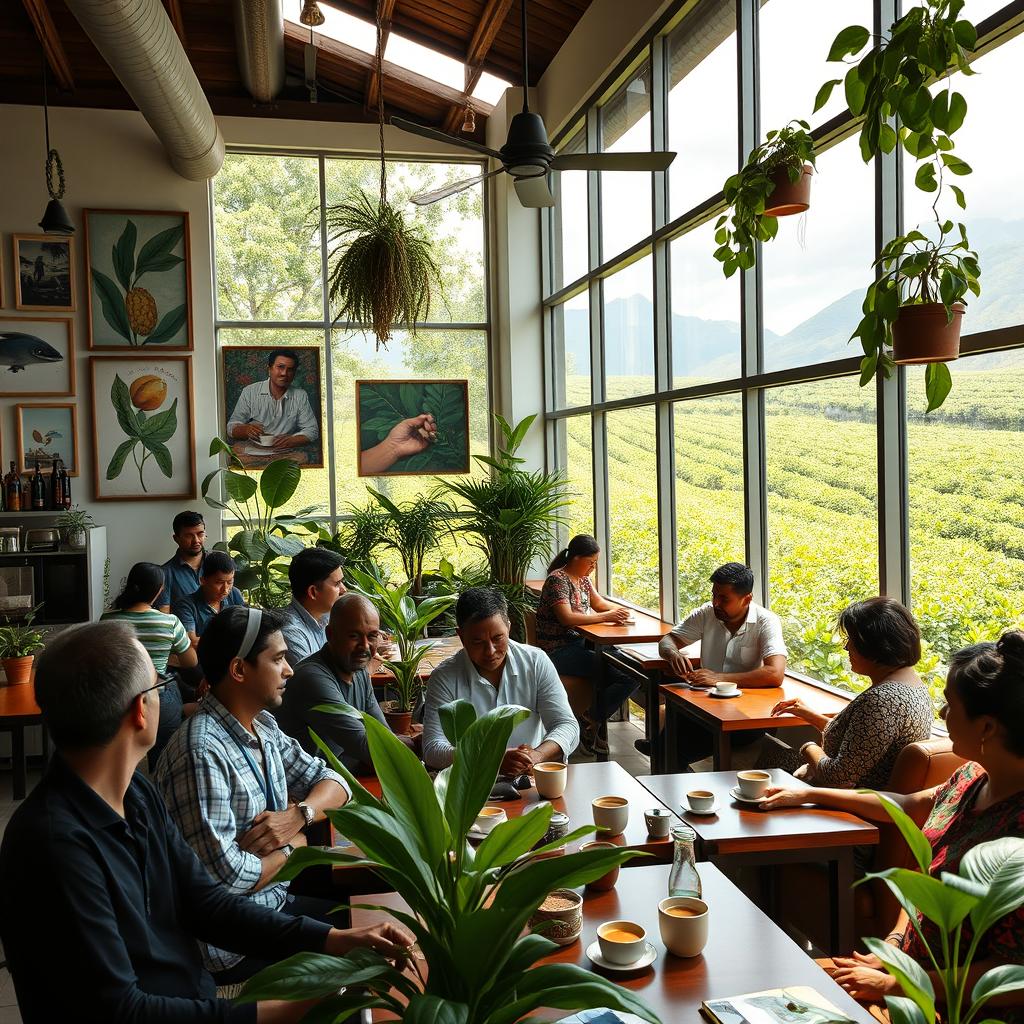 A vibrant and hopeful scene showcasing a modern café in Huila, Colombia, bustling with life