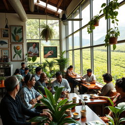 A vibrant and hopeful scene showcasing a modern café in Huila, Colombia, bustling with life