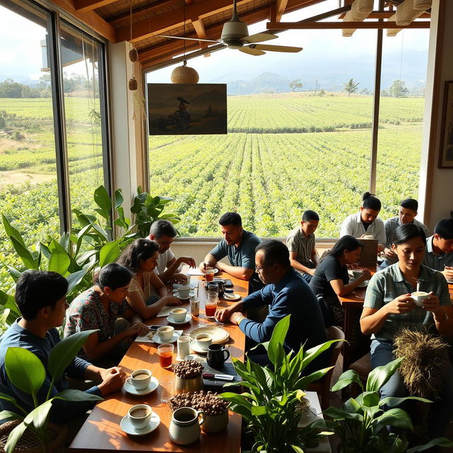 A vibrant and hopeful scene showcasing a modern café in Huila, Colombia, bustling with life