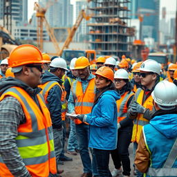 A construction site bustling with activity, showcasing a diverse group of people wearing protective gear including hard hats, safety goggles, orange vests, and gloves