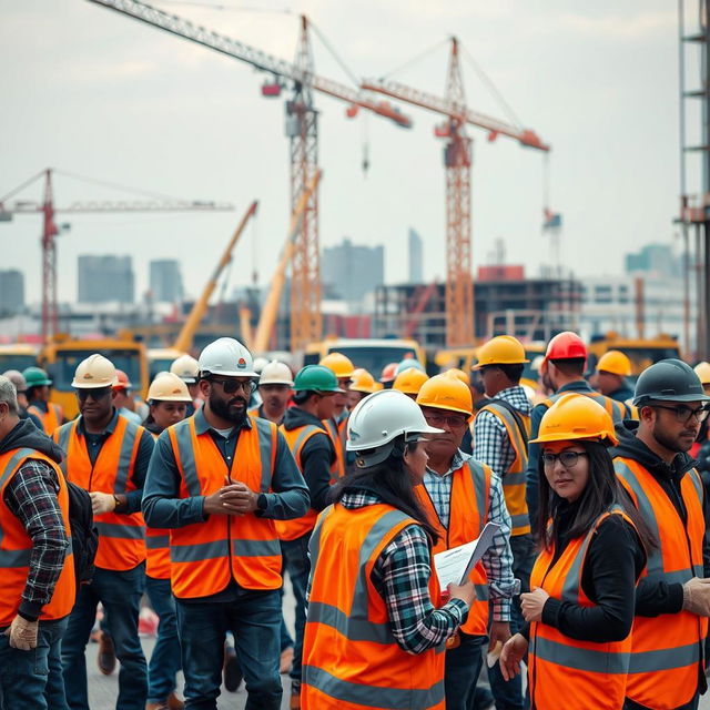 A construction site bustling with activity, showcasing a diverse group of people wearing protective gear including hard hats, safety goggles, orange vests, and gloves