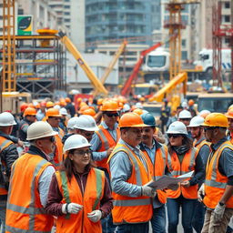 A construction site bustling with activity, showcasing a diverse group of people wearing protective gear including hard hats, safety goggles, orange vests, and gloves