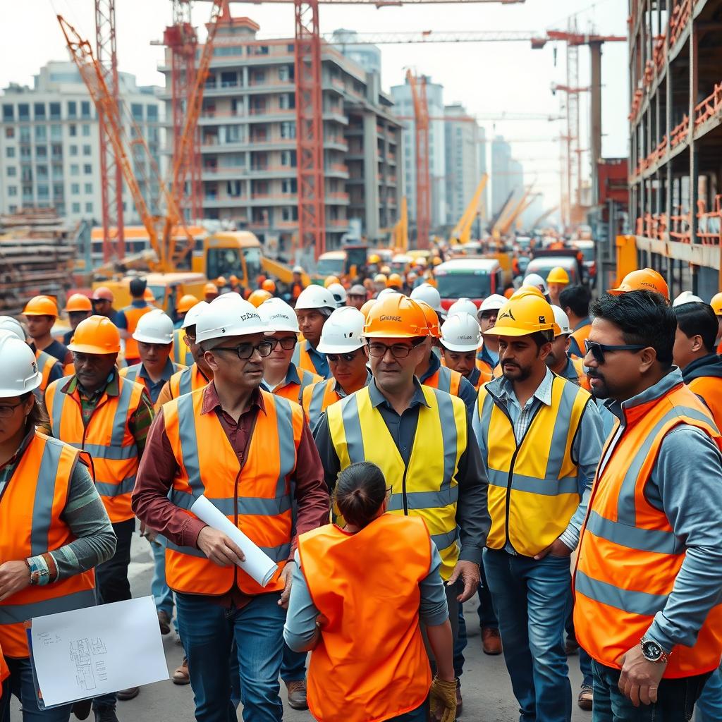 A construction site bustling with activity, showcasing a diverse group of people wearing protective gear including hard hats, safety goggles, orange vests, and gloves