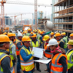 A construction site filled with activity, featuring a diverse group of individuals wearing protective gear such as hard hats, safety goggles, reflective vests, and gloves