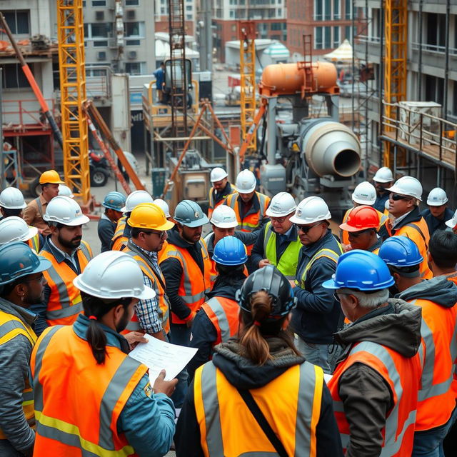 A construction site filled with activity, featuring a diverse group of individuals wearing protective gear such as hard hats, safety goggles, reflective vests, and gloves