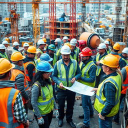 A construction site filled with activity, featuring a diverse group of individuals wearing protective gear such as hard hats, safety goggles, reflective vests, and gloves