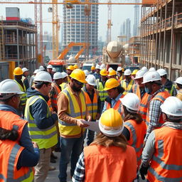 A construction site filled with activity, featuring a diverse group of individuals wearing protective gear such as hard hats, safety goggles, reflective vests, and gloves