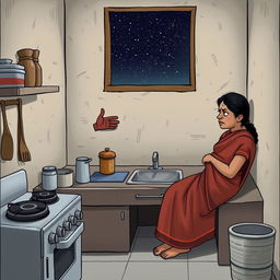 A modest kitchen scene depicting a tense moment where a watchman is angrily scolding his wife