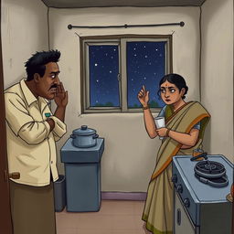 A modest kitchen scene depicting a tense moment where a watchman is angrily scolding his wife