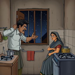 A modest kitchen scene depicting a tense moment where a watchman is angrily scolding his wife