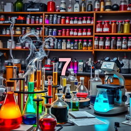 A laboratory scene with an array of colorful scientific equipment, including test tubes filled with glowing liquids, beakers bubbling with steam, and a microscope on a cluttered table