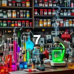 A laboratory scene with an array of colorful scientific equipment, including test tubes filled with glowing liquids, beakers bubbling with steam, and a microscope on a cluttered table