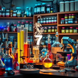 A laboratory scene with an array of colorful scientific equipment, including test tubes filled with glowing liquids, beakers bubbling with steam, and a microscope on a cluttered table