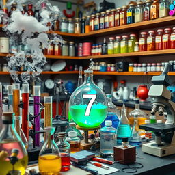 A laboratory scene with an array of colorful scientific equipment, including test tubes filled with glowing liquids, beakers bubbling with steam, and a microscope on a cluttered table