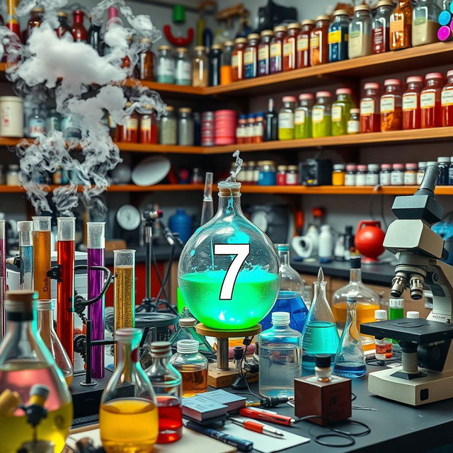 A laboratory scene with an array of colorful scientific equipment, including test tubes filled with glowing liquids, beakers bubbling with steam, and a microscope on a cluttered table