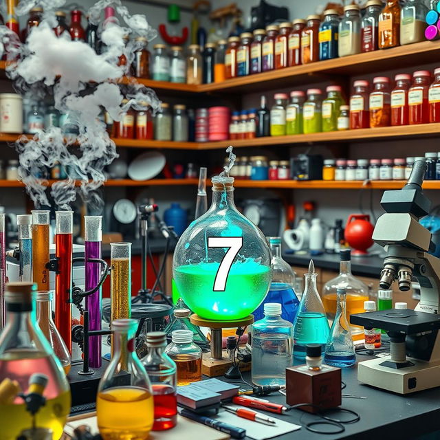 A laboratory scene with an array of colorful scientific equipment, including test tubes filled with glowing liquids, beakers bubbling with steam, and a microscope on a cluttered table