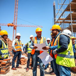 A bustling construction site scene featuring a diverse group of professionals wearing protective gear such as hard hats, safety vests, goggles, and gloves