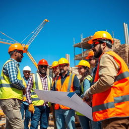 A bustling construction site scene featuring a diverse group of professionals wearing protective gear such as hard hats, safety vests, goggles, and gloves