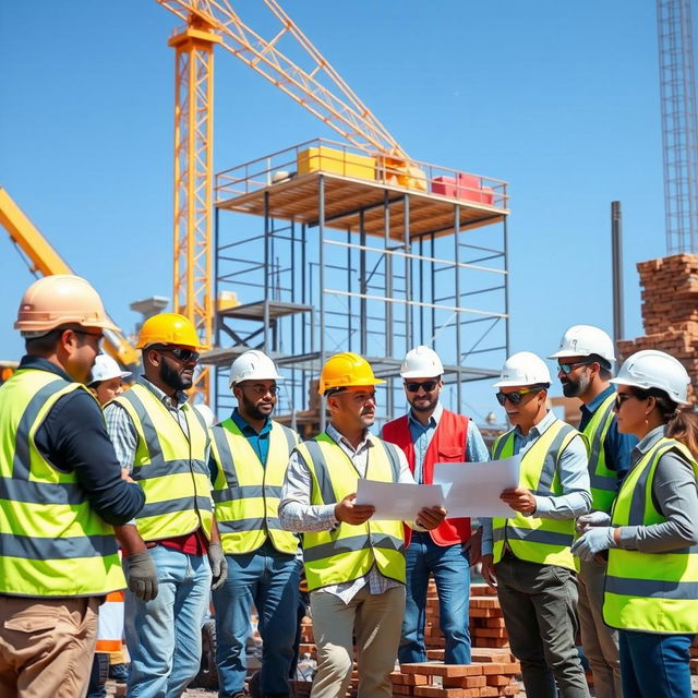 A bustling construction site scene featuring a diverse group of professionals wearing protective gear such as hard hats, safety vests, goggles, and gloves