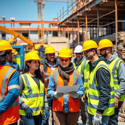 A bustling construction site scene featuring a diverse group of professionals wearing protective gear such as hard hats, safety vests, goggles, and gloves