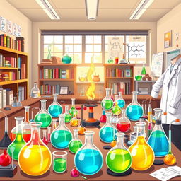 A detailed and vibrant illustration of a chemistry laboratory filled with various equipment