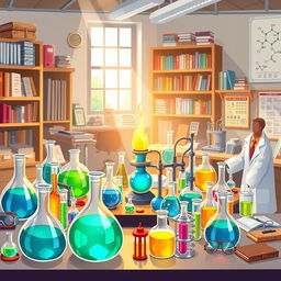A detailed and vibrant illustration of a chemistry laboratory filled with various equipment