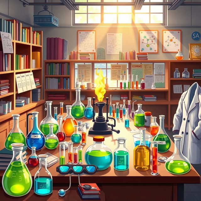 A detailed and vibrant illustration of a chemistry laboratory filled with various equipment