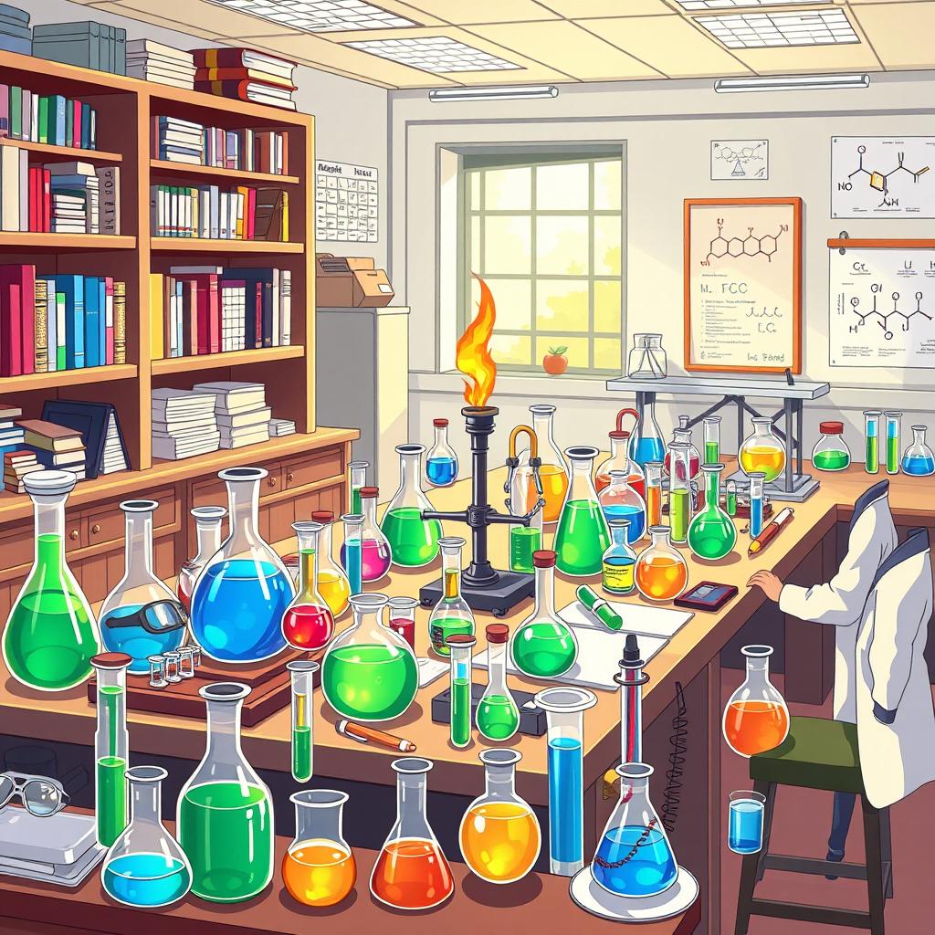 A detailed and vibrant illustration of a chemistry laboratory filled with various equipment