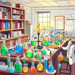 A detailed and vibrant illustration of a chemistry laboratory filled with various equipment