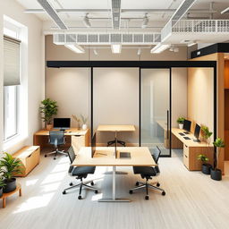 A thoughtfully designed office space for three individuals, accurately measuring 30 square meters