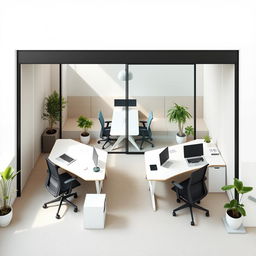 A thoughtfully designed office space for three individuals, accurately measuring 30 square meters