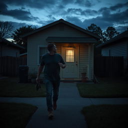 The watchman walking towards a small, modest house in a quiet residential area