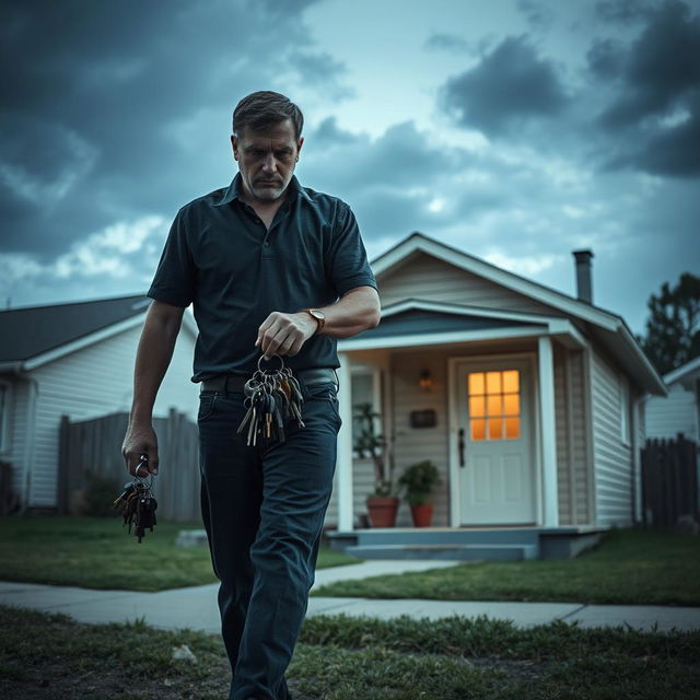 The watchman walking towards a small, modest house in a quiet residential area