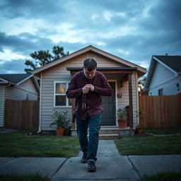 The watchman walking towards a small, modest house in a quiet residential area