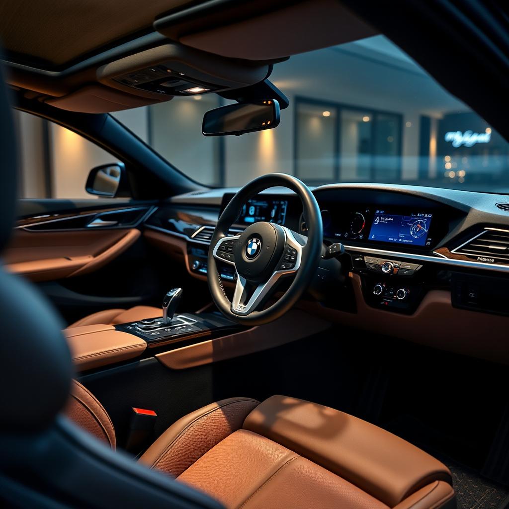 A detailed view of a luxurious BMW interior showcasing premium leather seats, a sleek dashboard with state-of-the-art technology, ambient lighting, and elegant wood trim