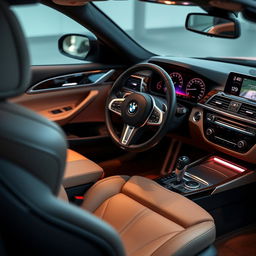 A detailed view of a luxurious BMW interior showcasing premium leather seats, a sleek dashboard with state-of-the-art technology, ambient lighting, and elegant wood trim
