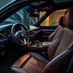 A detailed view of a luxurious BMW interior showcasing premium leather seats, a sleek dashboard with state-of-the-art technology, ambient lighting, and elegant wood trim